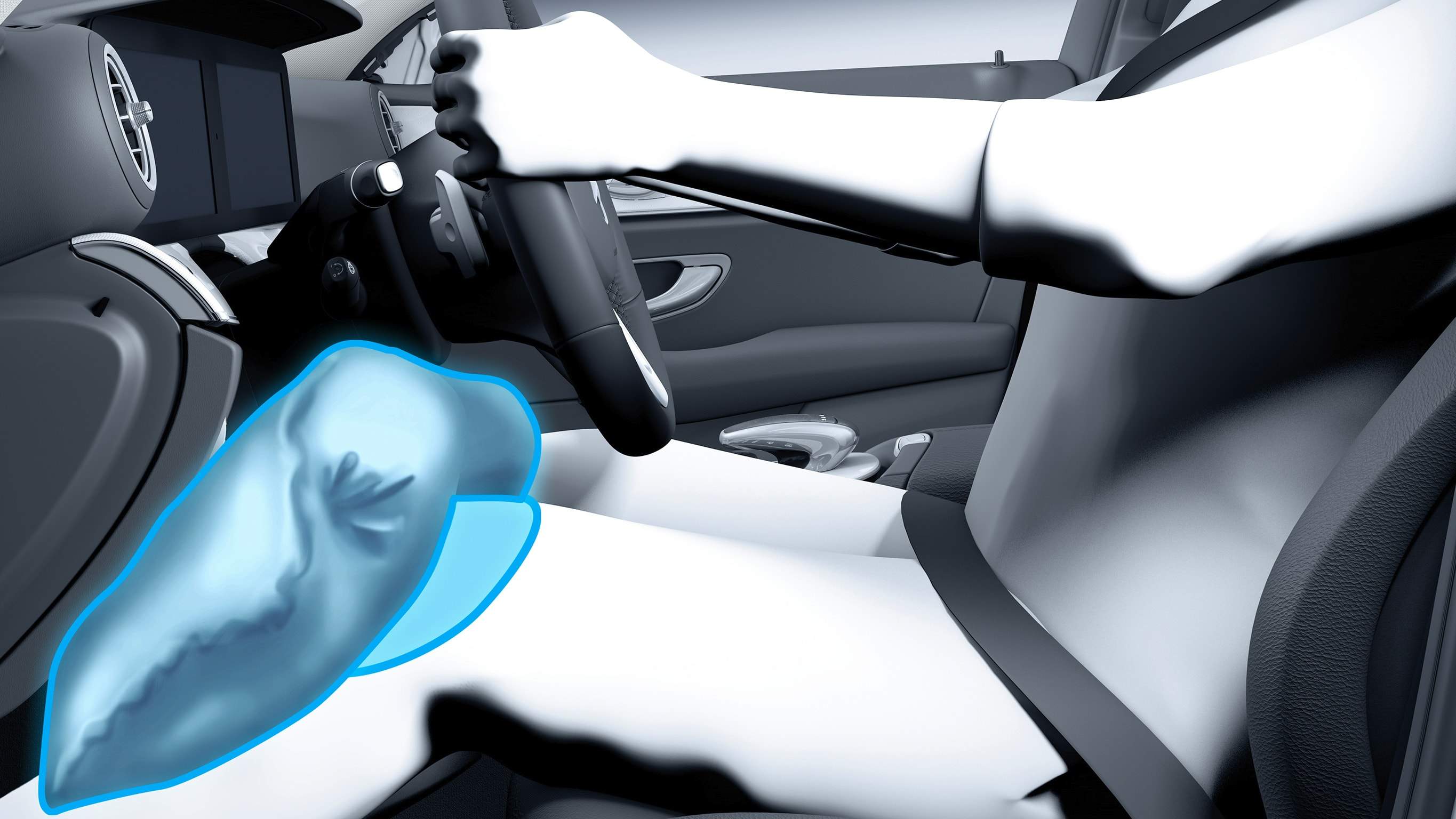 Na obrázku je grafické znázornění kolenního airbagu v EQA od Mercedes-EQ.