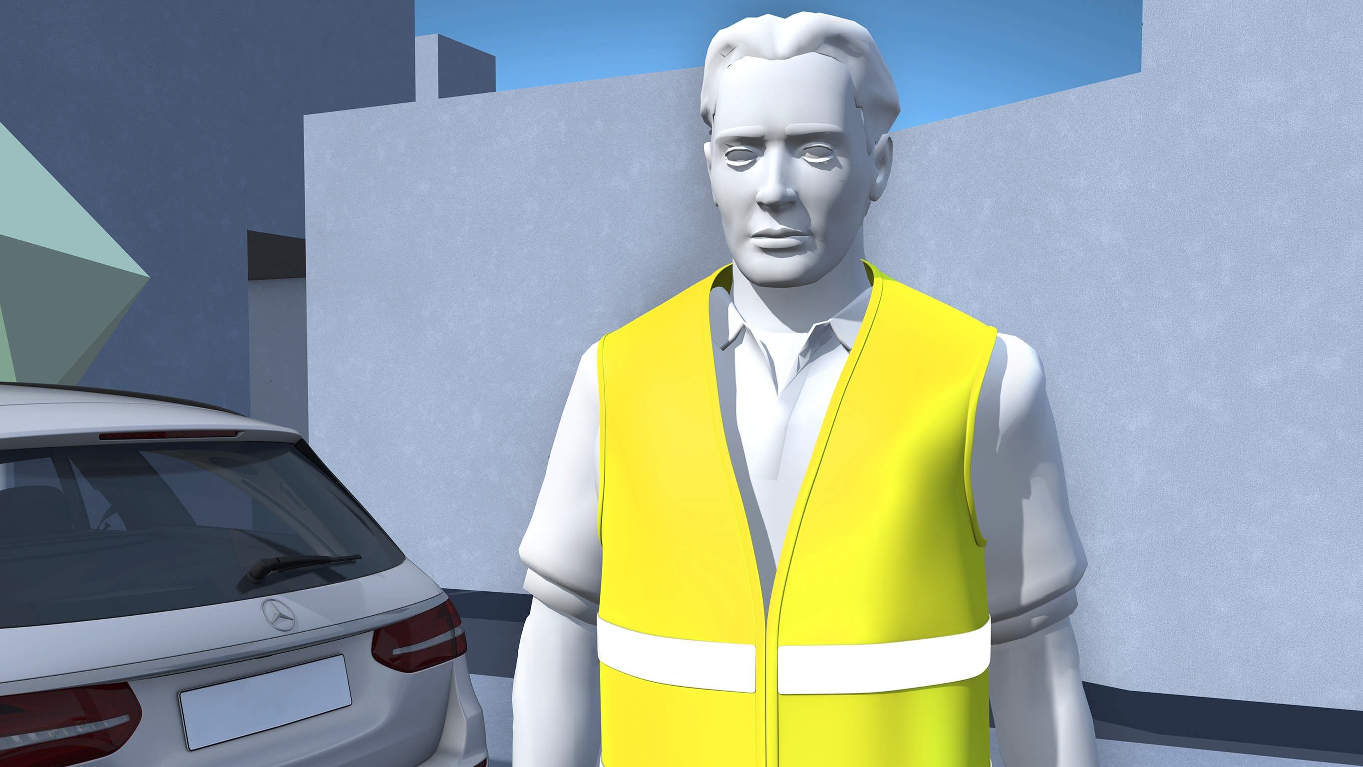 Na obrázku je grafické znázornění řidiče se žlutou reflexní vestou vedle EQA od Mercedes-EQ.