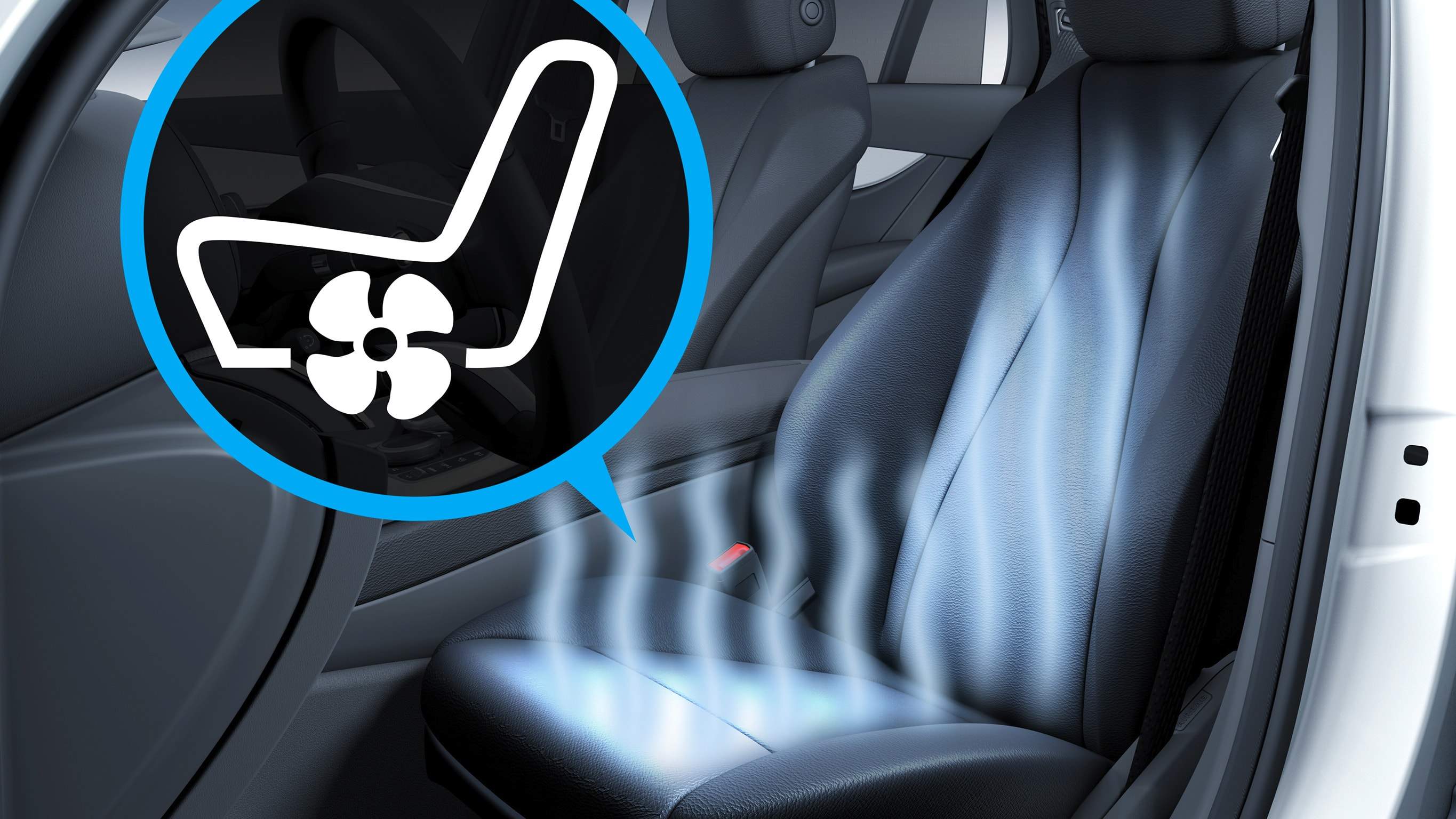 Na obrázku je grafické znázornění ventilace sedadla pro řidiče a spolujezdce (příplatková výbava) v EQA od Mercedes-EQ.