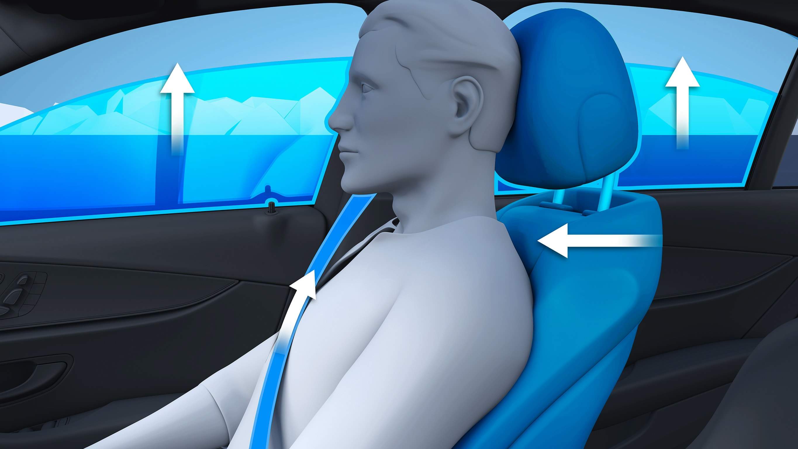 Na obrázku je grafické znázornění systému PRE-SAFE® v EQA od Mercedes-EQ, který může v nebezpečných situacích například elektricky předepnout bezpečnostní pásy předních sedadel.