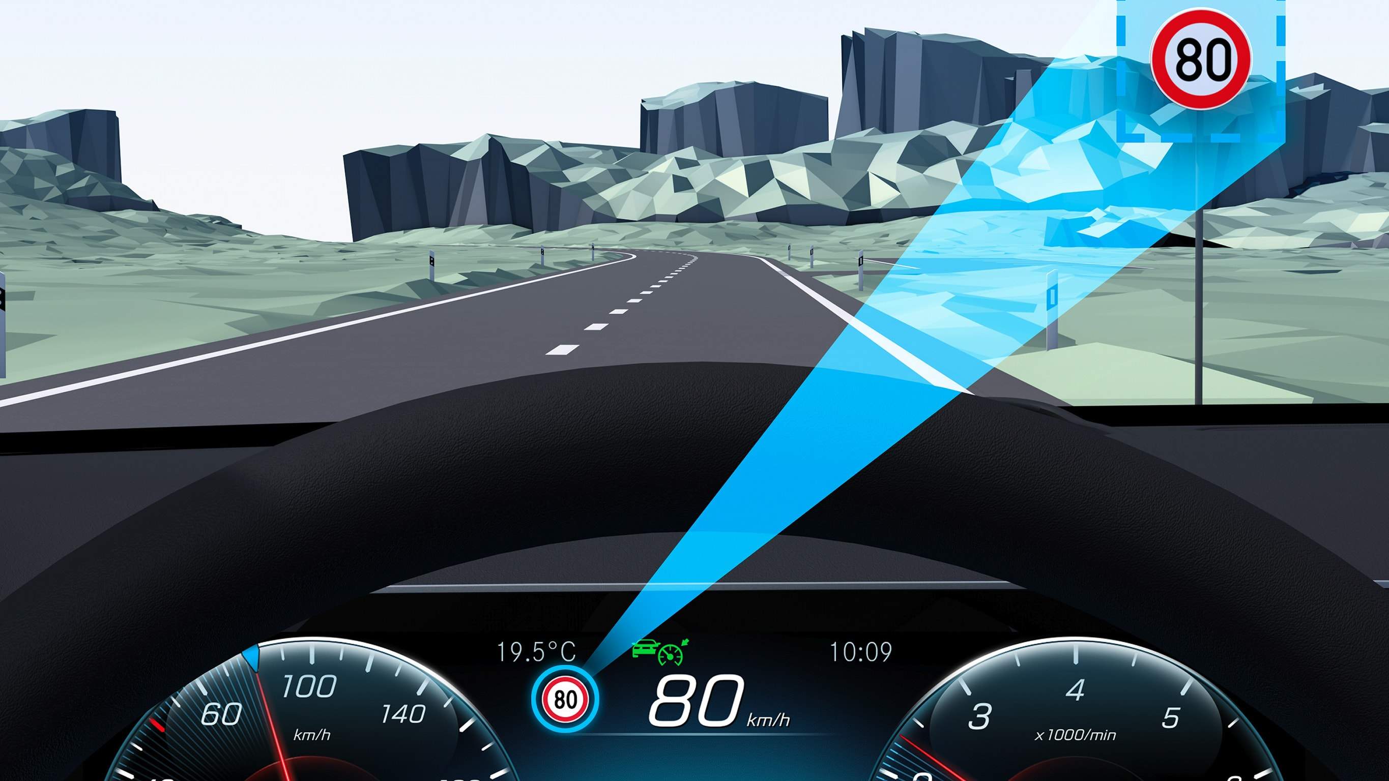 Na obrázku je grafické znázornění asistenta dopravního značení v EQA od Mercedes-EQ, který dokáže mimo jiné rozpoznat rychlostní omezení a jejich ukončení.