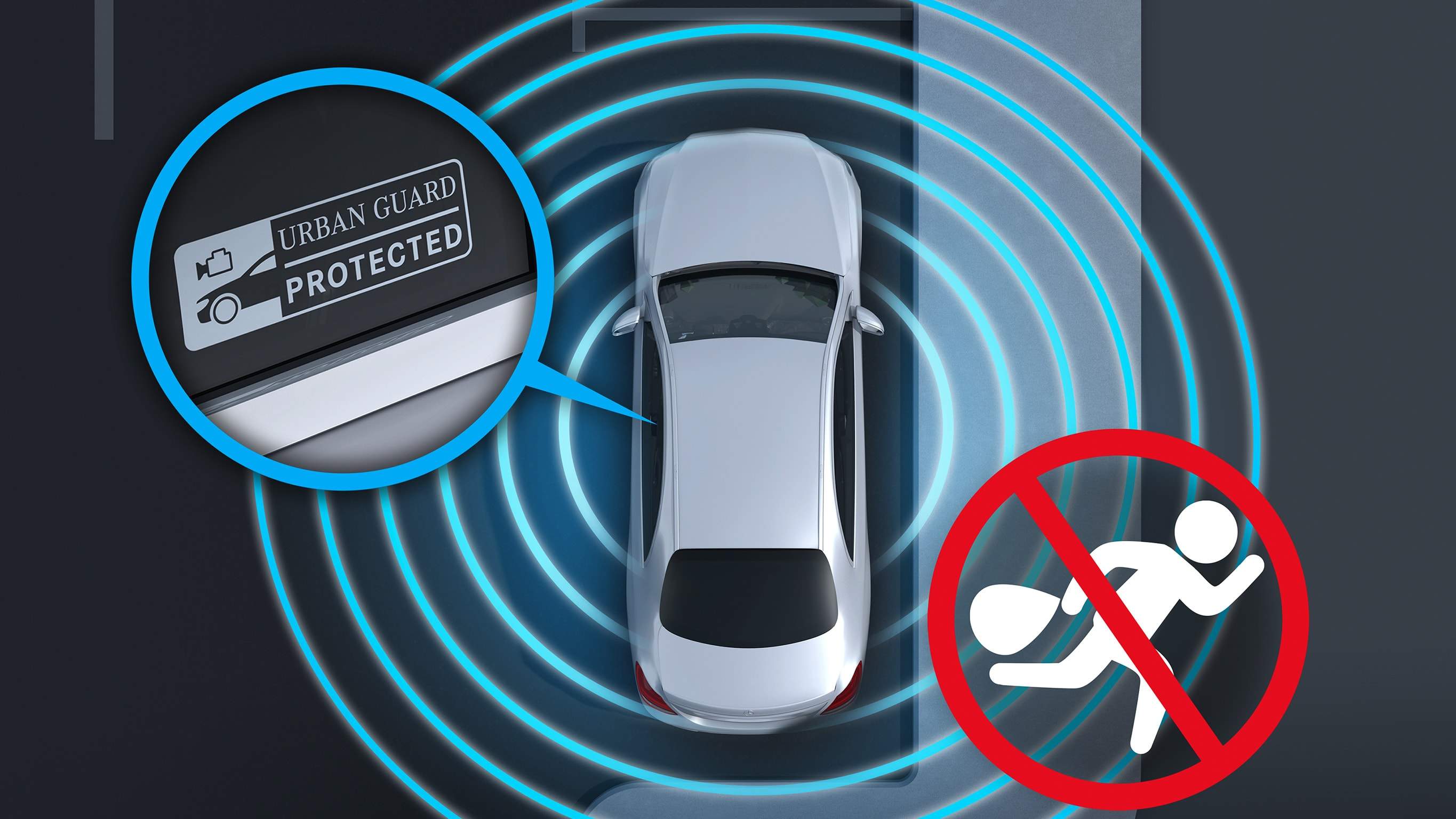 Na obrázku je grafické znázornění ochrany vozidla URBAN GUARD s varovným zařízením proti vloupání a odcizení pro EQA od Mercedes-EQ.